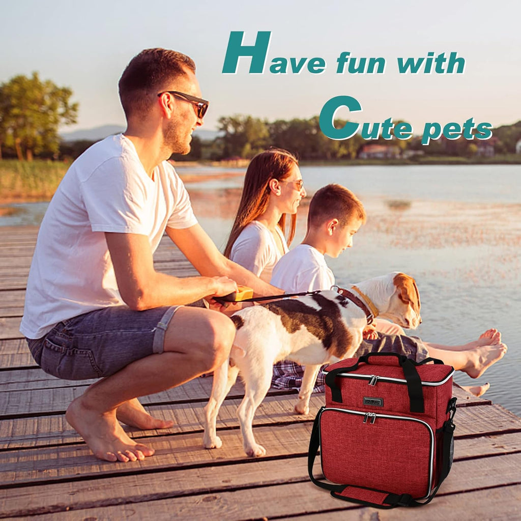 BAGLHER Dog Travel Bag, Pet Travel Bag (ALL Pet Travel Supplies), With 2 Pet Food Containers and 2 Collapsible Silicone Bowls; Essential Kits for Pet Travel Red