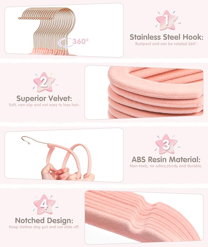 VIS'V Baby Hangers, 11 Inch Velvet Kids Hangers with 6 Pcs Clothes Size Dividers, Infant Toddler Nursery Closet Organization, Non Slip, Pink, 50 Pcs