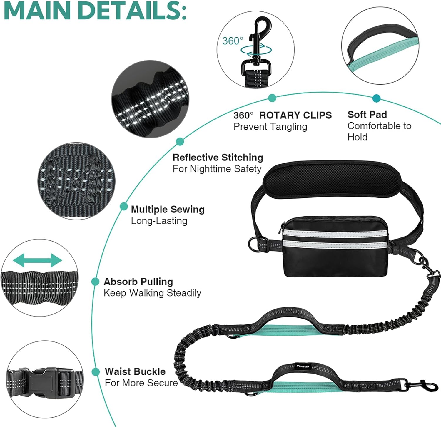 Hands Free Dog Leash with Pouch, Double Leash for Two Dogs, Retractable Bungee with Double Padded Handles, Waist Leash for Dog Walking, Running Leash for Dogs, Dog Walking Accessories