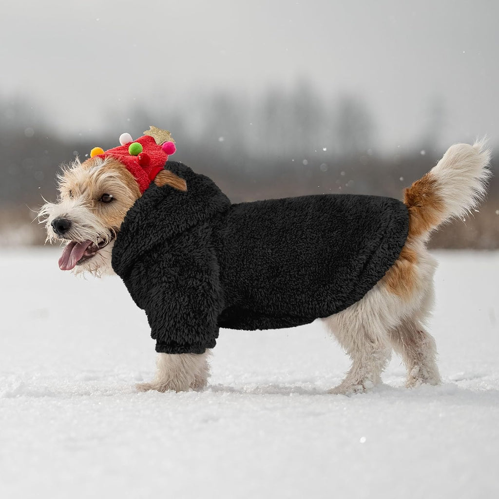 Fuzzy Dog Hoodie Dog Sweaters for Small Dogs Soft Double-Sided Plush Fleece Pet Sweater Clothes Pet Coats Sherpa Hooded Sweatshirt(Black-XS)