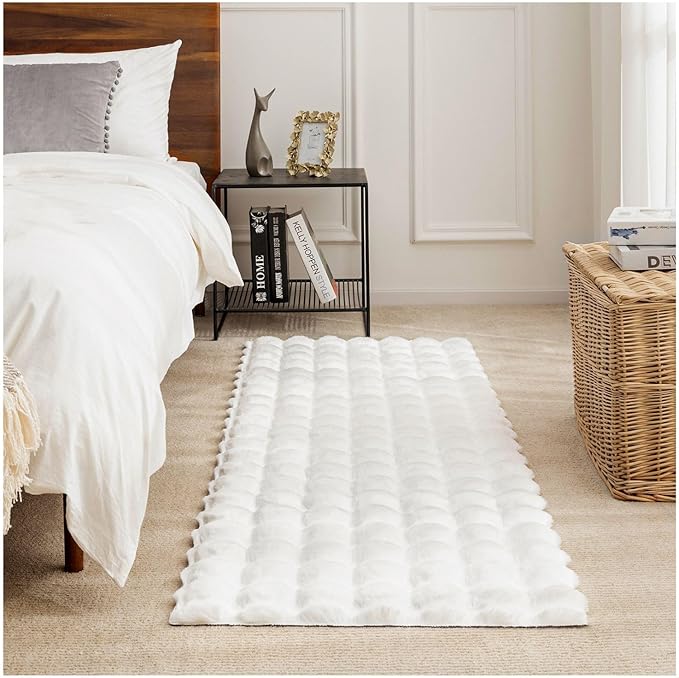 Ashler Faux Rabbit Fur Rug, White 2x6 FT Fluffy Soft Runner Area Rugs, Rectangle Fuzzy Carpet for Living Room, Bedroom, Machine Washable Shaggy Nursery - 3D Bubble Mat