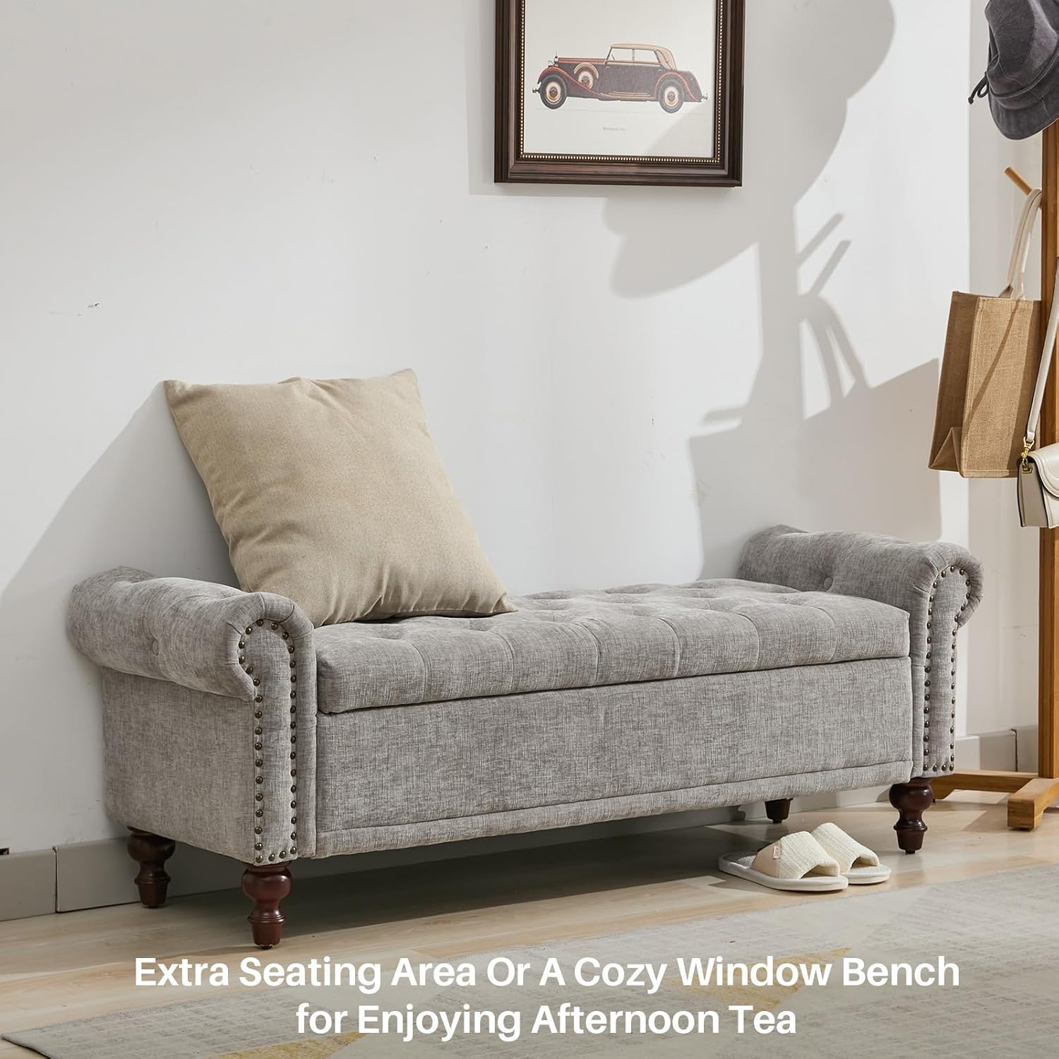 58.1'' Storage Bench Upholstered Chenille End of Bedroom Bed Bench Ottoman with Tufted Cushioned Rolled Arm Large Storage Space for Reading Living Room Entryway, Light Grey