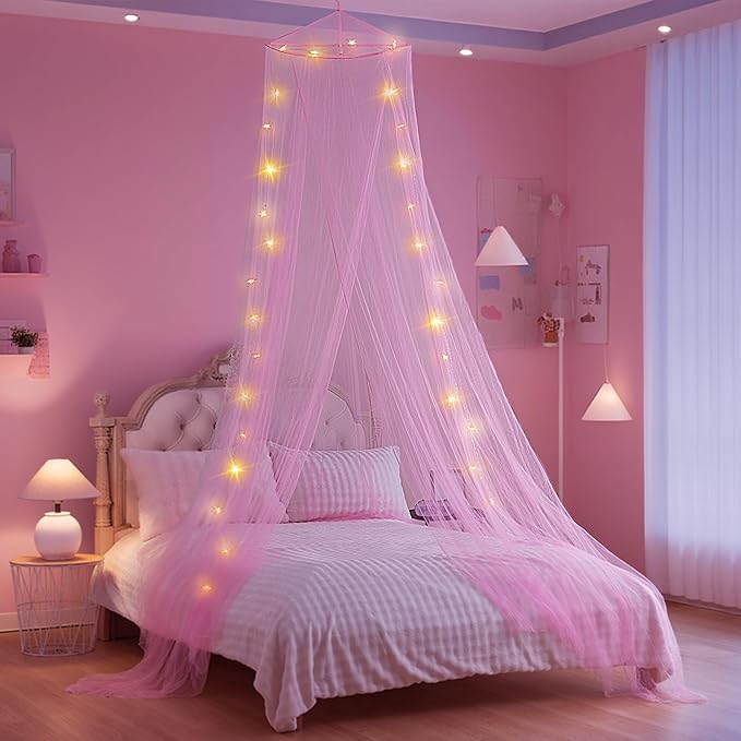 lazyzzz Bed Canopy for Girls with Glowing Stars, Canopy Bed Curtains Dome Mosquito Net for Queen King Size Kids Bed, Princess Room Decor Ceiling Tent for Baby Crib and Adult Bed