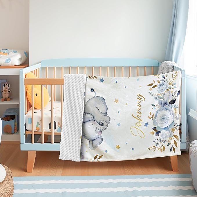 Personalized Baby Blanket for Boys Girls, Custom Baby Blanket with Name, Flannel Blue Elephant Blanket Personalized Gifts for Kids Newborn Infant, Ideal for Birthday Baby Shower(47" x60)