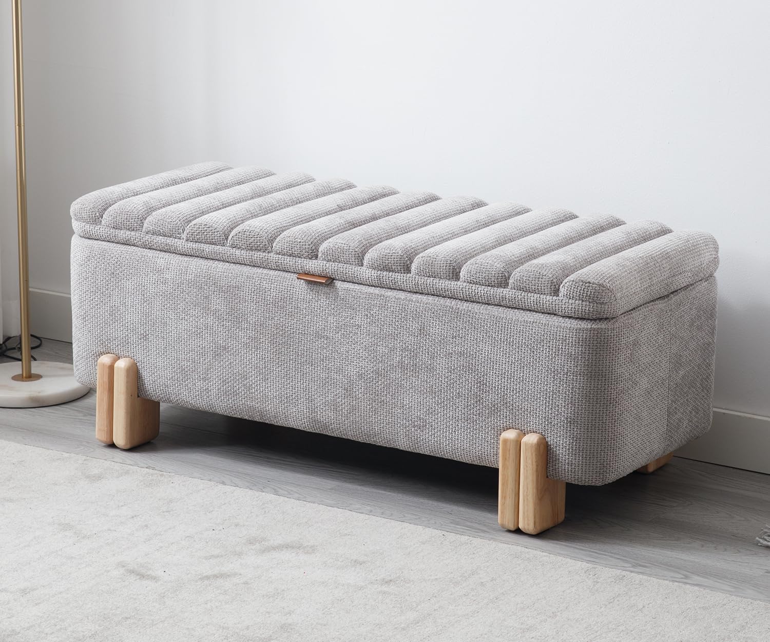 Kmax 45" Storage Bench Velvet Entryway Bench Upholstered Ottoman Bench with Wavy Top & Safty Hinge for Bedroom Living Room Hallway, Grey