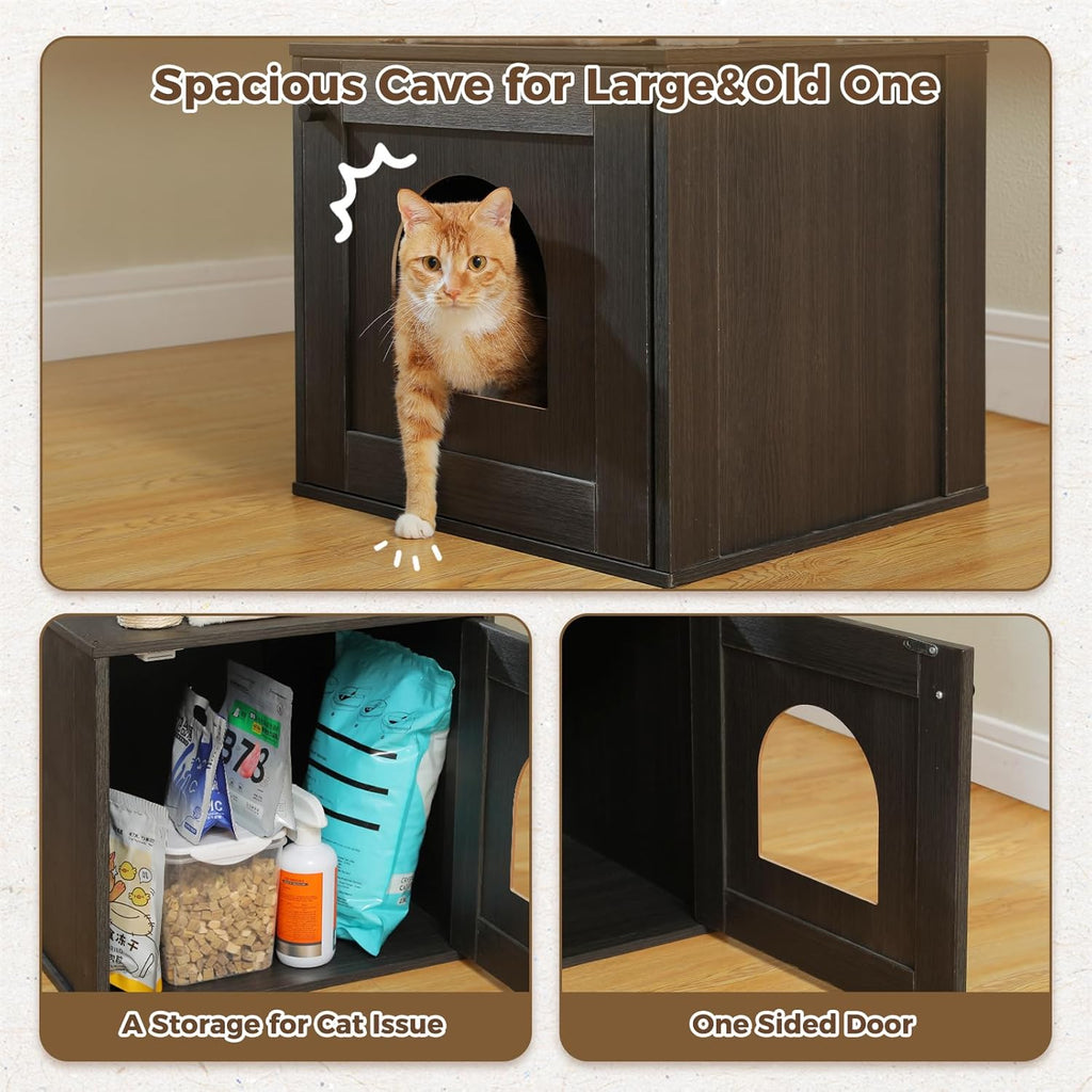 PEQULTI 57.5" Cat Tree with Litter Box Enclosure Large, Wood Cat Tower for Indoor Cats with Storage Cabinet and Cozy Cat Condo, Sisal Covered Scratching Post and Repalcable Dangling Balls, Black