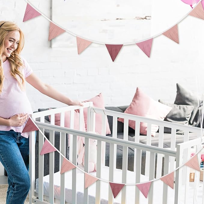 Oudain 15.5 ft Pennant Banner Flags, 2 Pcs Nursery Garland Triangle Bunting Flag Baby Banner for Nursery Decor Baby Shower Birthday Boho Wedding Party Event, Each 7.75 ft (Pink Color)