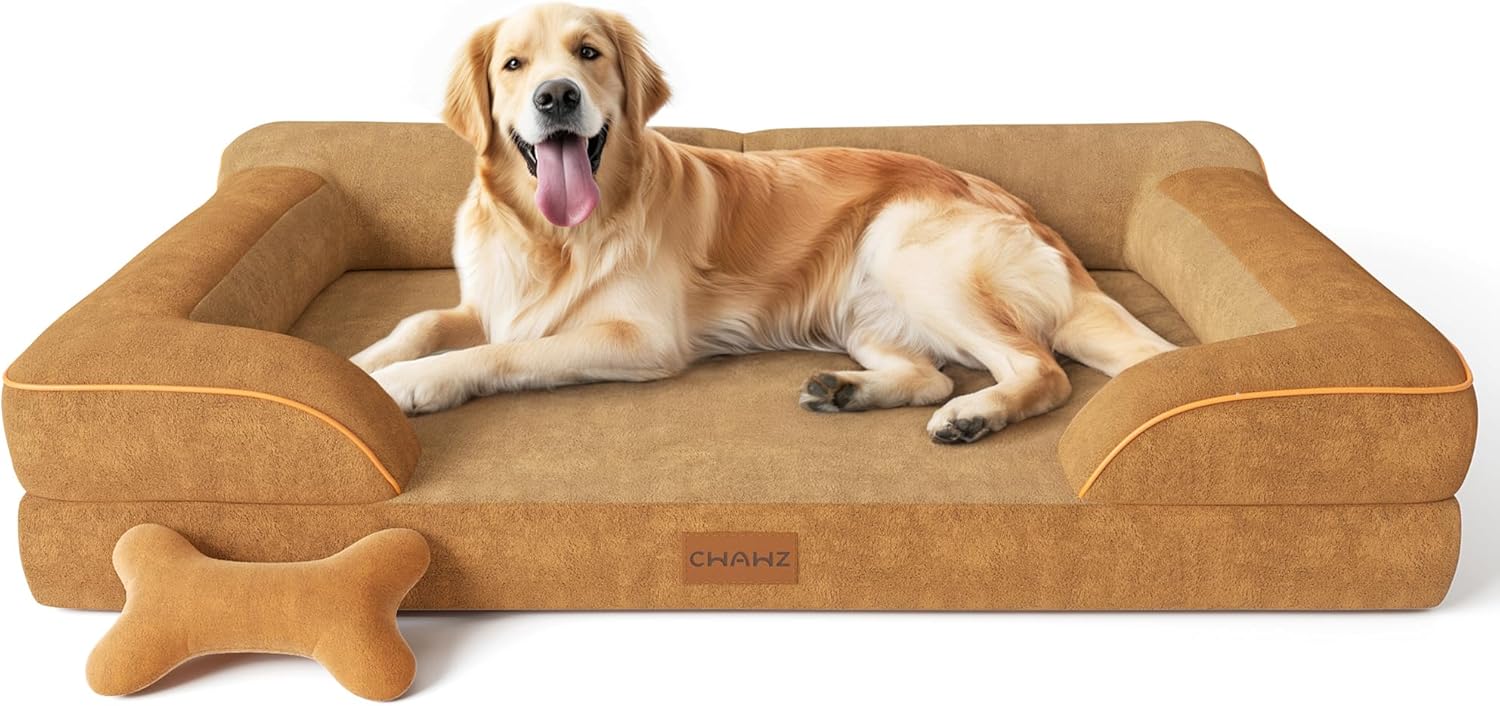 Extra Large Dog Bed, Orthopedic Dog Beds with Cooling Gel Memory Foam, Waterproof XL Pet Bed with Removable Washable Cover, 42" Pet Sofa Couch Dutch Velvet with Bone Toy, Brown