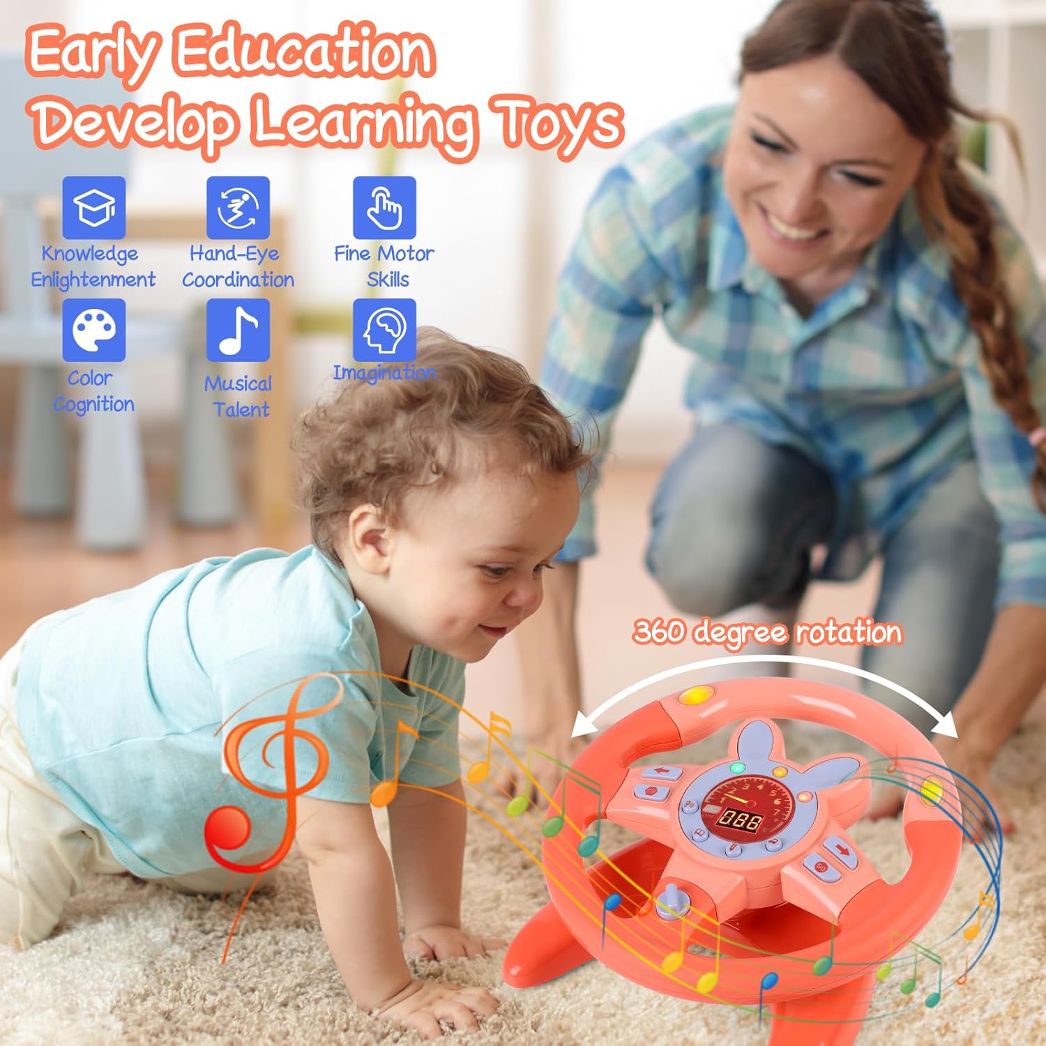 Steering Wheel Toy,Driving Steering Wheel Toy for Kids Backseat,Interactive Educational Learning Sensory Toy with Vibration,Simulated Car Toys with Light Songs for Infant Preschool Kids Toddler Gifts