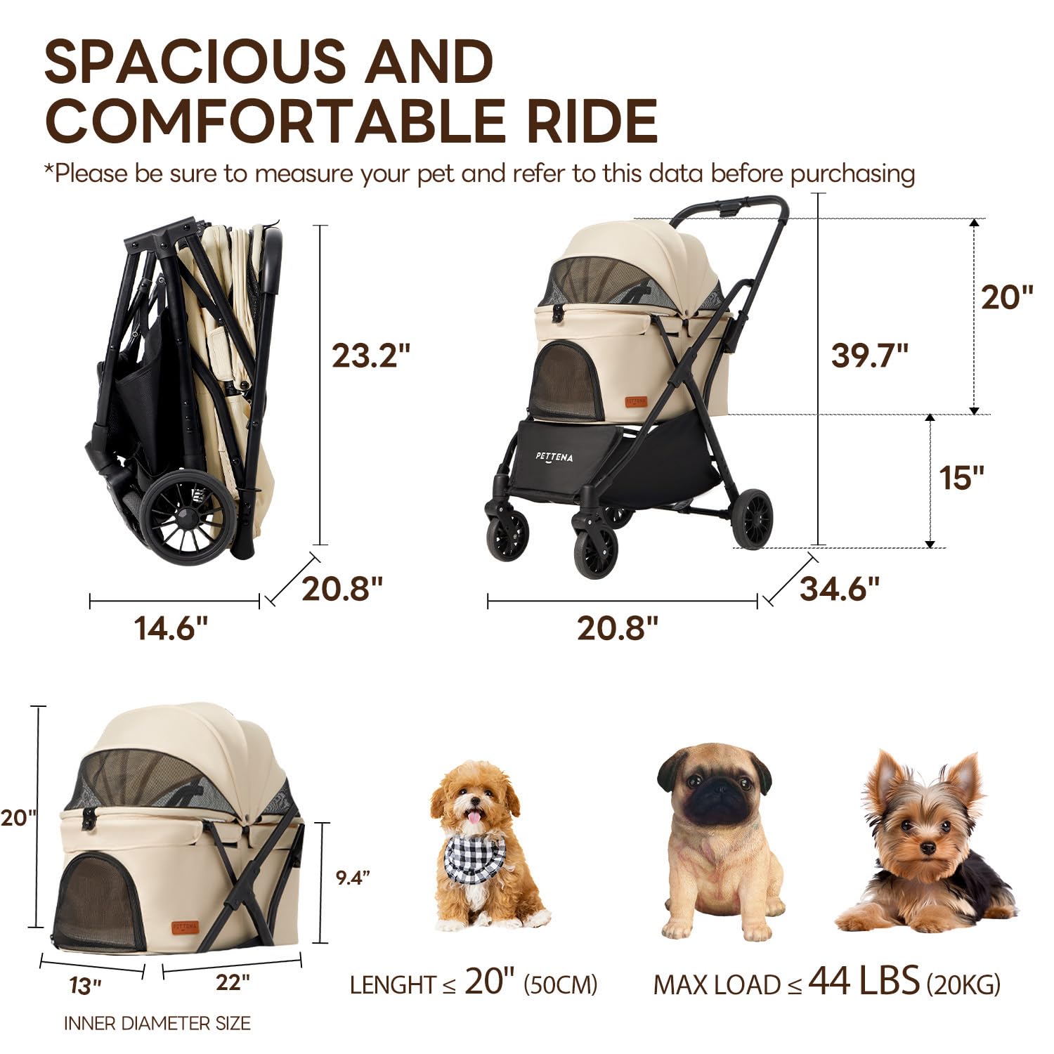【One-Pull Open Ver.】 PETTENA Dog Stroller for Small Dogs, One-Touch Foldable Dog Stroller for Small/Medium Dogs Cats up to 44 Lbs, Khaki