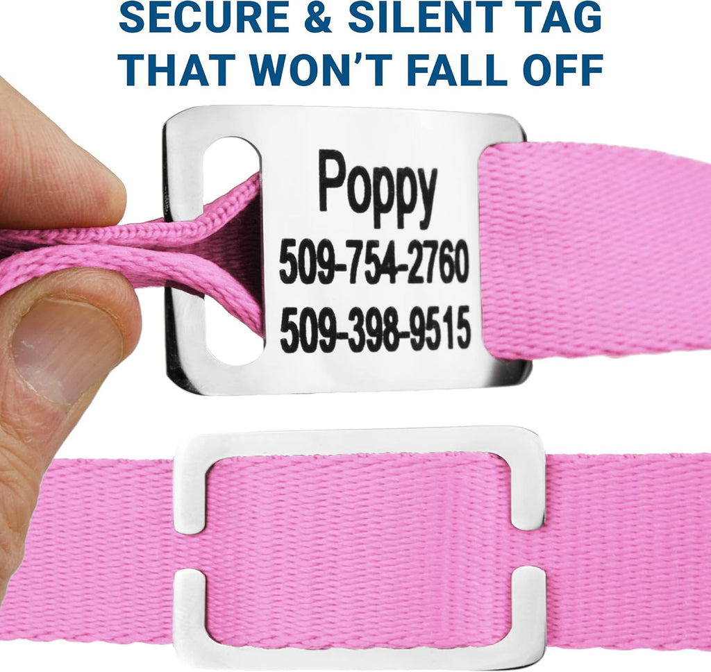 GoTags Personalized Dog Collar with Nameplate, Adjustable Dog Collar with Custom Engraved Slide On Pet ID Tag in Stainless Steel, Silent, No Noise Dog Tag for Large Medium and Small (Pink, Large)