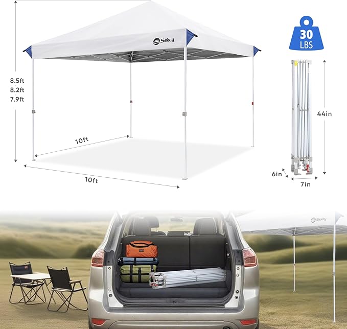 Sekey 10x10 Pop Up Canopy with Pockets Sidewall, One Push Setup Instant Outdoor Gazebo, Instant Easy Up Canopy with UPF50+ Top, 4 Weight Bags for Events, Beach, Patio, Camping