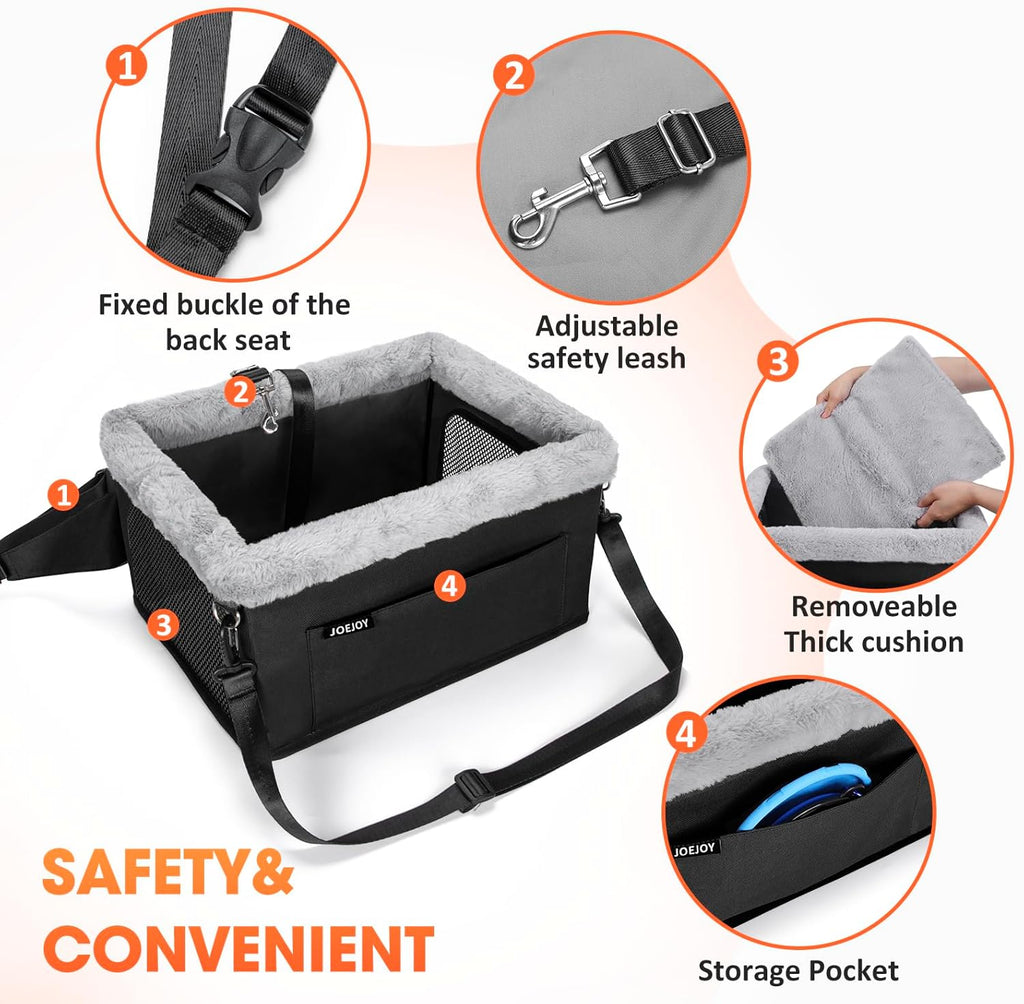 JOEJOY Deluxe Dog Booster Seat with Sturdy Metal Frame and Safety Leash for Small Pets up to 20 lbs - Portable Puppy Dog Car Seat with Thick Cushion and Storage Pockets for Small Dogs, Black