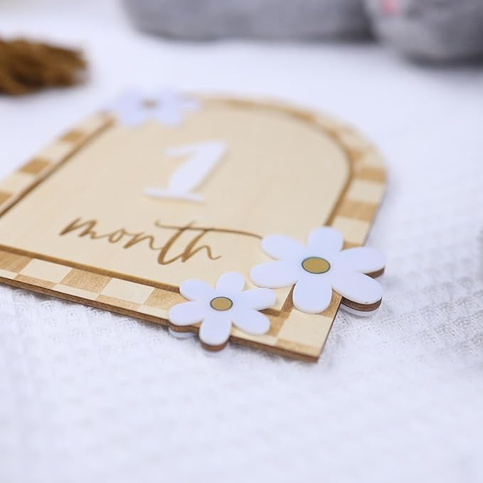 Daisy 3D Baby Monthly Milestone, Wooden Baby Milestone Signs, Monthly Milestone Wood Discs, Baby Milestone Discs (Caro Card)