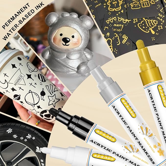 Acrylic Paint Marker Pens - 4 Pack Dual Tip Permanent Markers (0.7mm & 3mm) Water-Based Ink Pens for Rock Painting, Canvas, Ceramic, Glass, Wood, Plastic, DIY Crafts (Black/White/Gold/Silver)