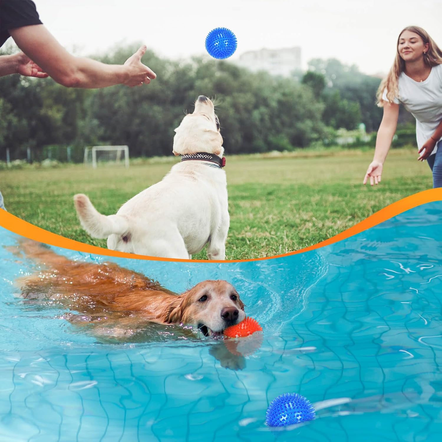 Petizer 2-Pack 4.5" Squeaky Dog Toy Balls, Floating Pool Balls, Spiky Balls, Interactive Fetch Toys for Puppy, Chew Toys (Large Dog)