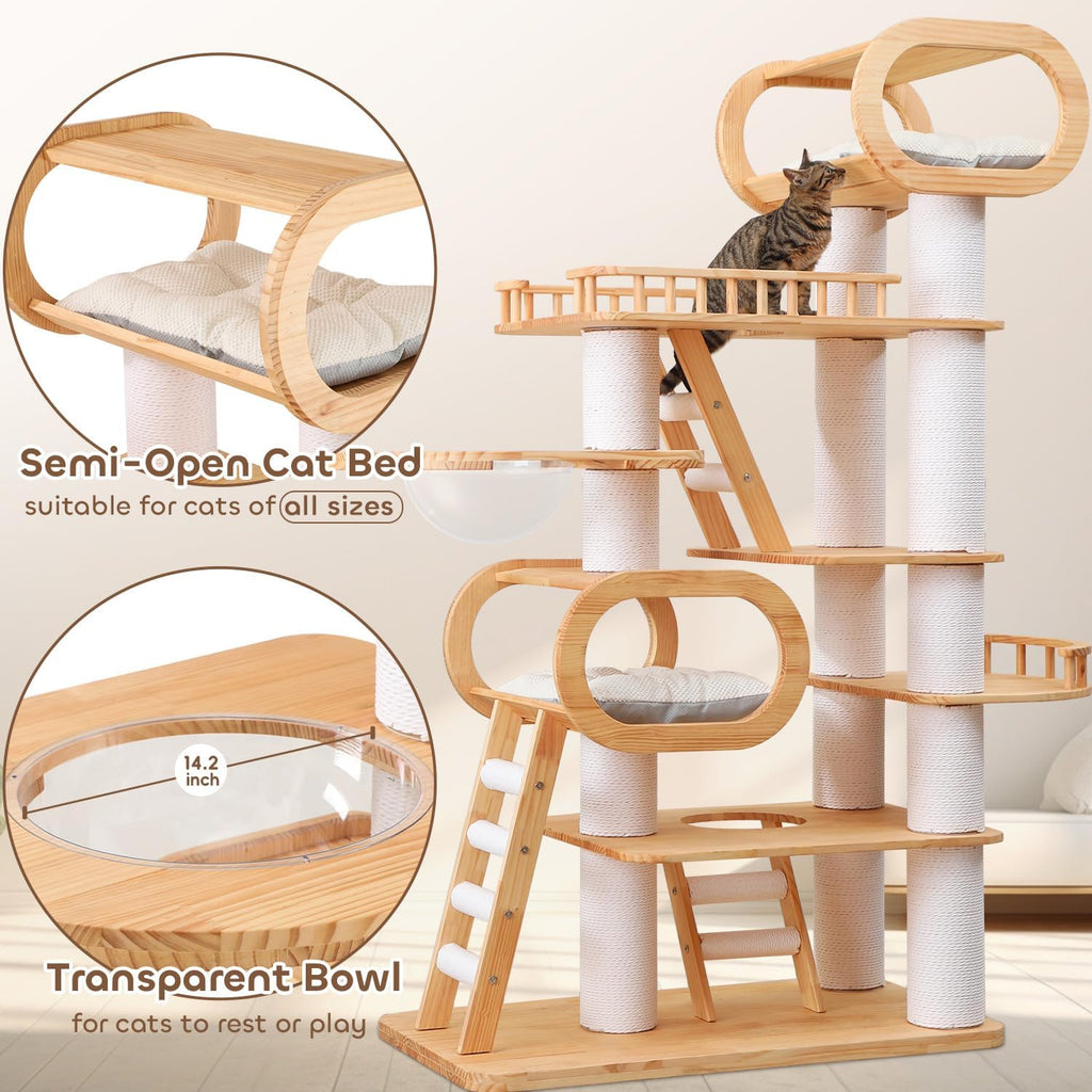 76.8'' Tall Modern Large Cat Tree,Multi-Level Wood Cat Tower for Indoor Cats Large Adults,Luxury Heavy Duty Cat Condo with Cushion,Scratching Posts,Clear Hammock Activity (76.8inch)