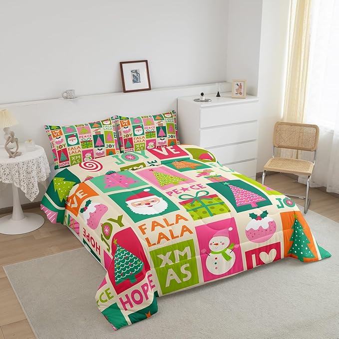 Feelyou Christmas Comforter Set Snowman Christmas Tree Print Kawaii Comforter Xmas Santa Claus Bedding Set for Kids Girls New Year Theme Quilt Set Bedroom Collection 2Pcs Twin Size