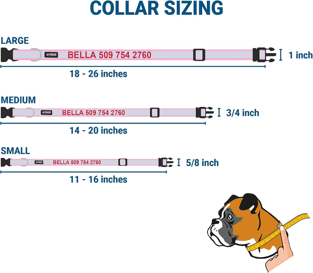 GoTags Reflective Personalized Dog Collar with Nameplate, Adjustable Dog Collar with Custom Engraved Steel Slide On Pet ID Tag, Silent, No Noise Dog Tag for Large Medium or Small (Pink, Large)