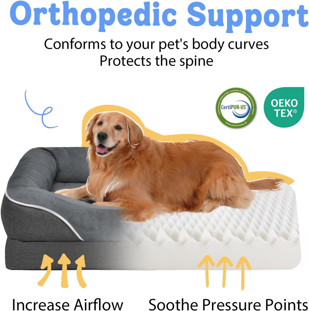 Washable Orthopedic Large Dog Bed - Dog Beds Large Sized Dogs with Removable Cover Waterproof Pet Bed with Bolster for Extra Large Pet