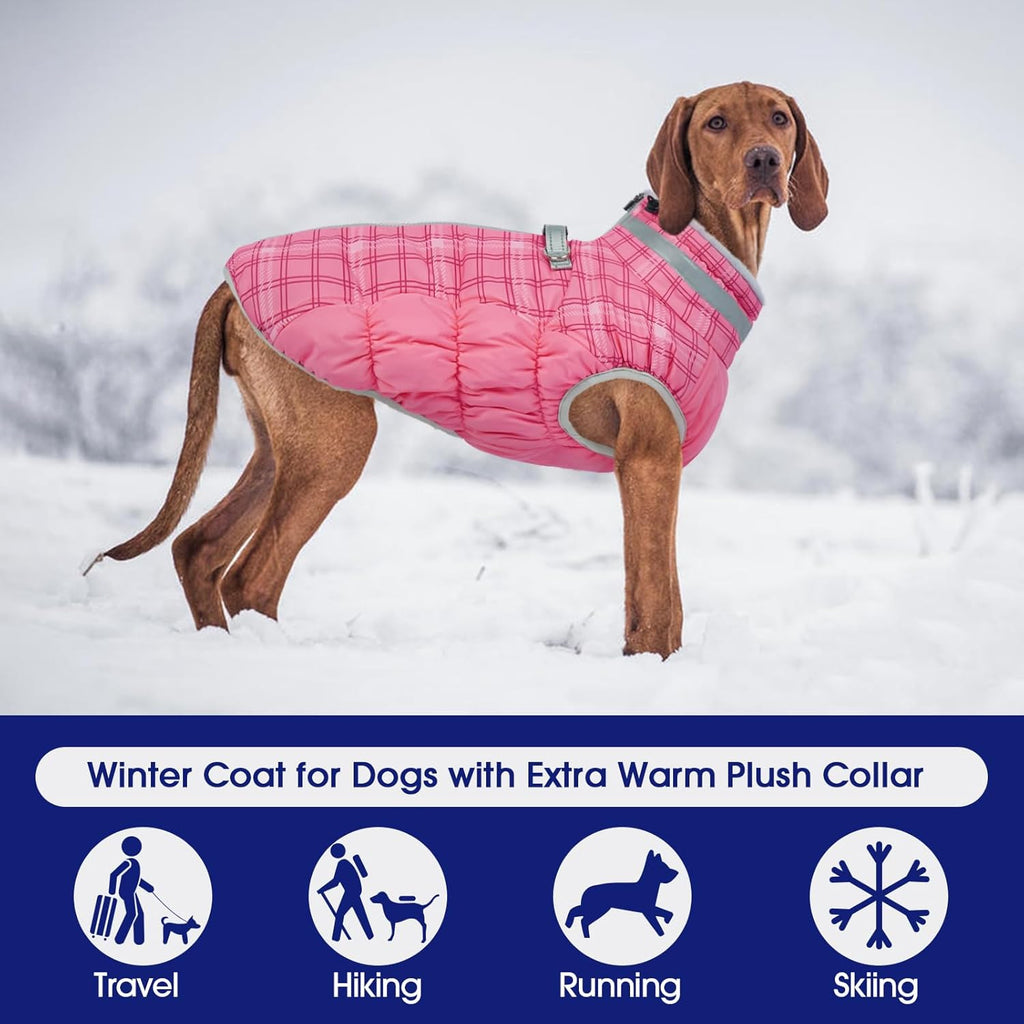 FUAMEY Dog Coat for Large Dogs,Waterproof Dog Winter Jacket with Harness Built in Puppy Cold Weather Coats Reflective Pet Vest with Zipper Warm Fleece Dogs Snowsuit Windproof Rose Plaid L