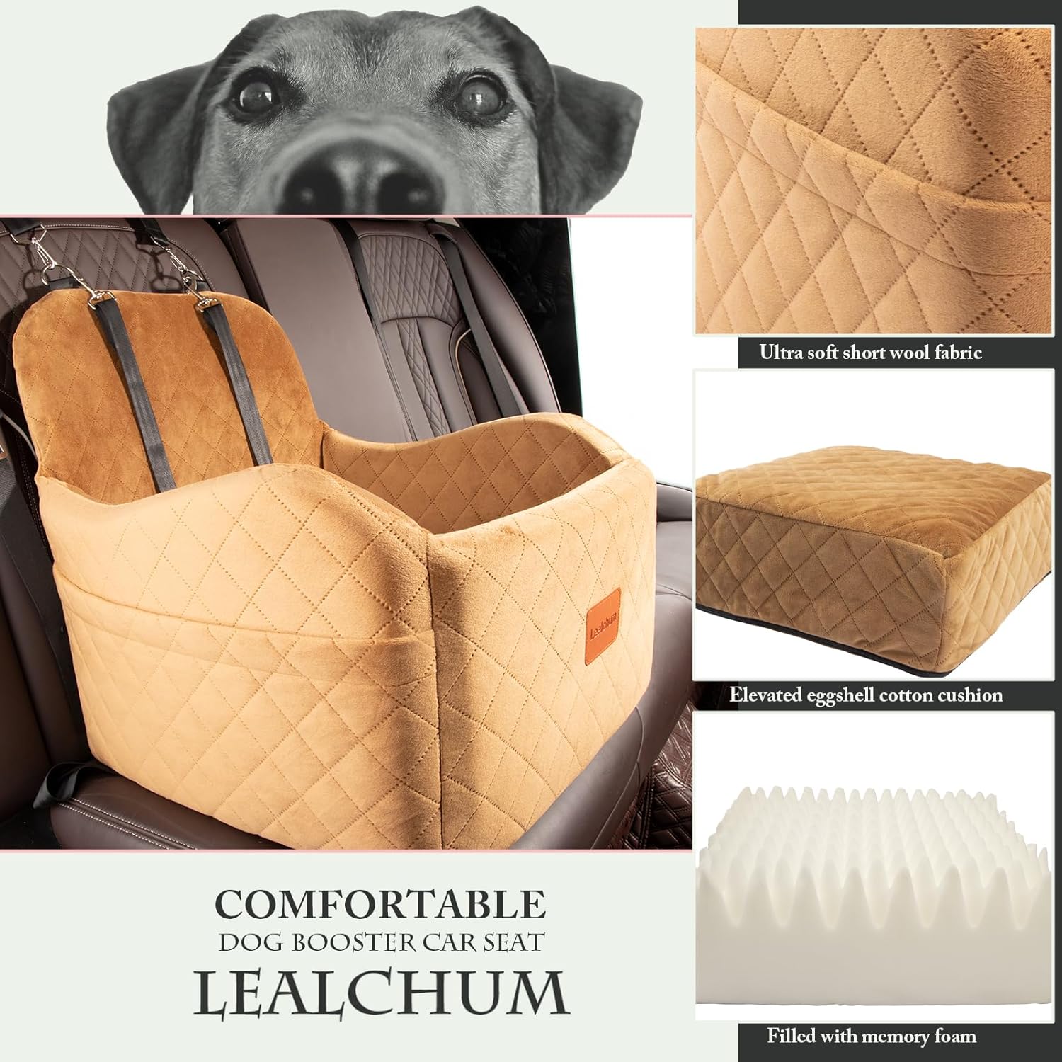 Dog Booster Car Seat for Small/Medium Dogs,Ultra Soft Fabric Filling Memory Foam,Fully Detachable and Washable,Anti-Slip Base,3 Straps Easy to Install(Coffee,Medium)