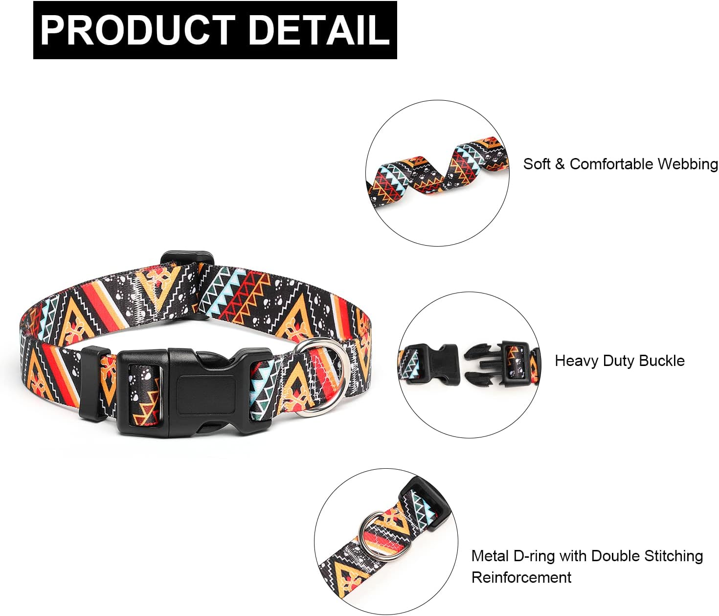 Mercano Adjustable Dog Collar - Special Design Patterns, Soft Nylon Comfortable Durable Pet Collar for Small Medium Large Dogs (M, Ethnic Gold)