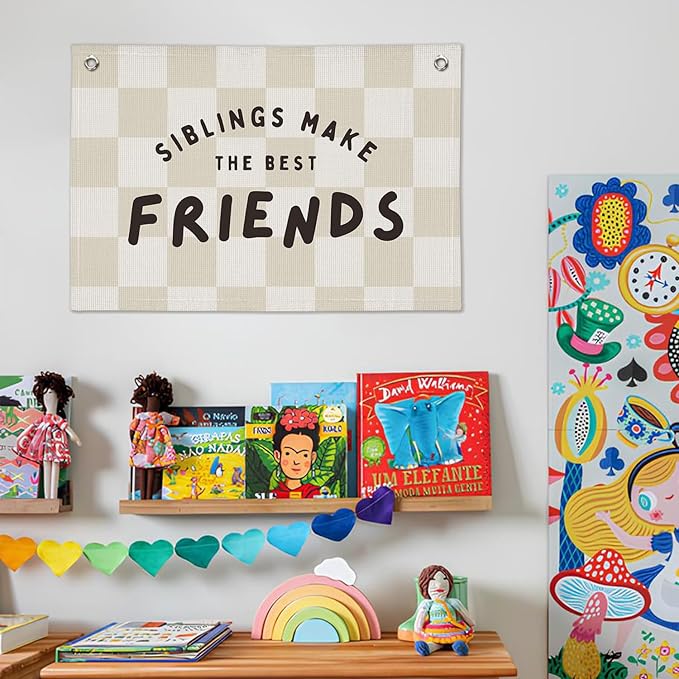 Playroom Nursery Decor, Siblings Make The Best Friends Banner, Linen Canvas Banner Wall Hanging Flag Decor for Toddler Kids Boys Girls Room 20x30