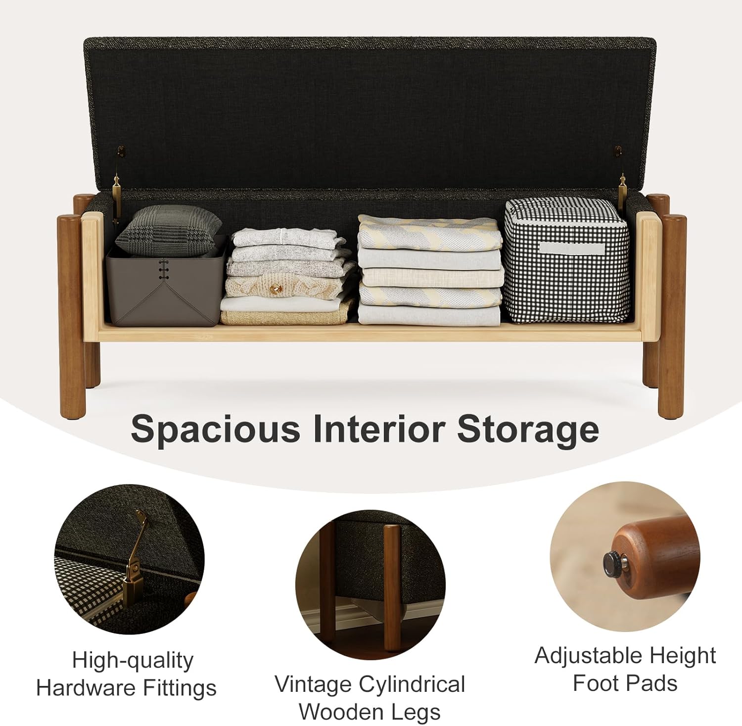 Storage Ottoman Bench, End of Bed Bench for Bedroom, 47" Boucle Upholstered Entryway Shoe Seat Benchs, Holds up to 660 lb Storage Ottoman, Padded Blanket Chest Stool Foot Rest for Living Room Black
