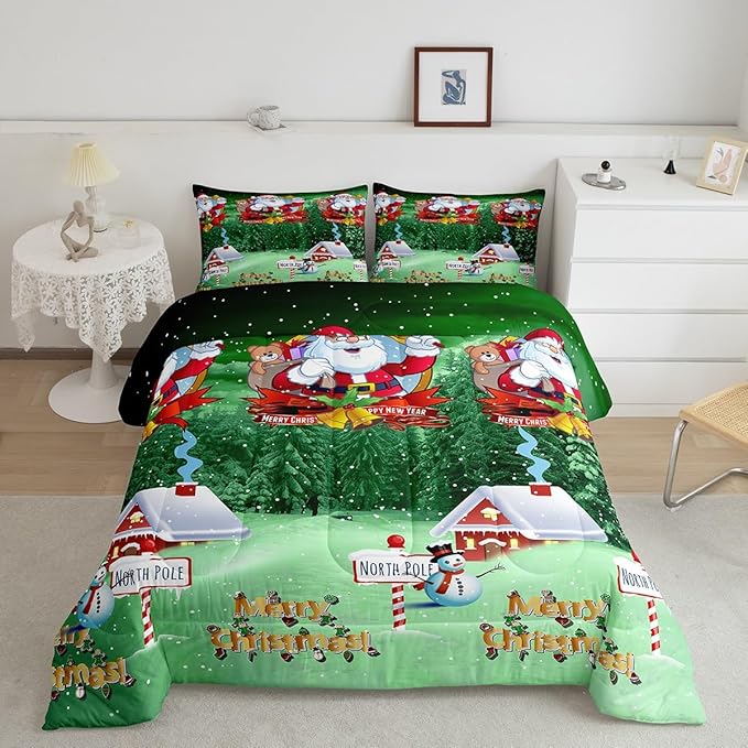 Feelyou Santa Claus Printed Comforter Set Christmas Bedding Set for Kids Boys Girls Galaxy Blue Cute Decor Comforter Snowman Snowflake Quilt Collection 3Pcs King Size