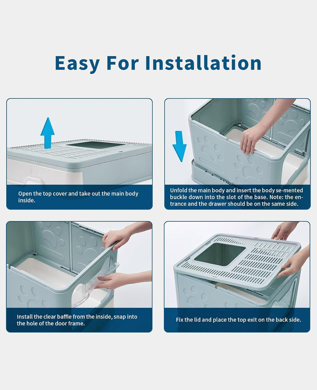 Cat Litter Box with Litter Mat and Scoop, Large Foldable Litter Box with Lid, Front Entry Top Exit Kitty Box, Odor Control, Easy to Clean (Blue)