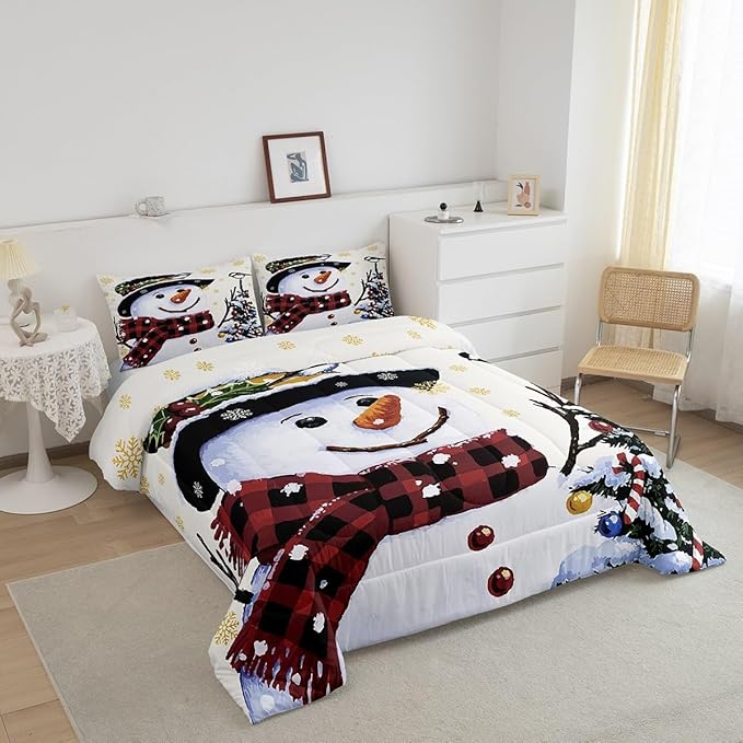 Feelyou Kids Christmas Theme Decorations Bedding Set Xmas Snowman Comforter Set for Boys Girls Snowflake Kawaii Cute Beige Golden Bedroom Collection Queen Size