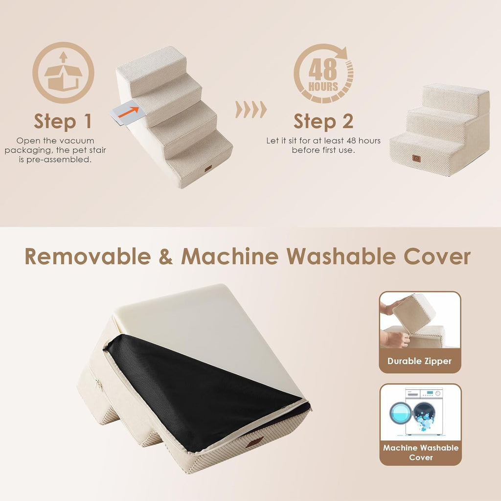 EHEYCIGA Dog Stairs for Small Dogs 13.5" H, 3-Step Dog Steps for Couch Sofa and Chair, Pet Steps for Medium Cats, Non-Slip Balanced Pet Ramp Indoor, Beige