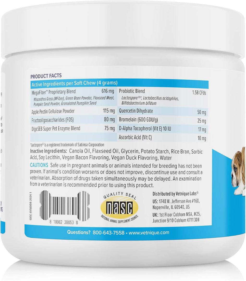 Vetnique Glandex Anal Gland Soft Chew Treats with Pumpkin for Dogs Digestive Enzymes, Probiotics Fiber Supplement for Dogs Boot The Scoot (Advanced Strength Duck/Bacon Chews (Vegetarian), 60 Ct)