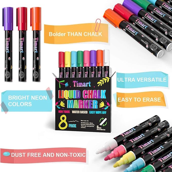 Timart Liquid Chalk Markers, 6mm Bold Tip Chalk Pens, Dry Erase Marker Pens for Chalkboards, Signs, Blackboards, Windows, Glass - Reversible Tip, First Day of School Board Pens (Classic)
