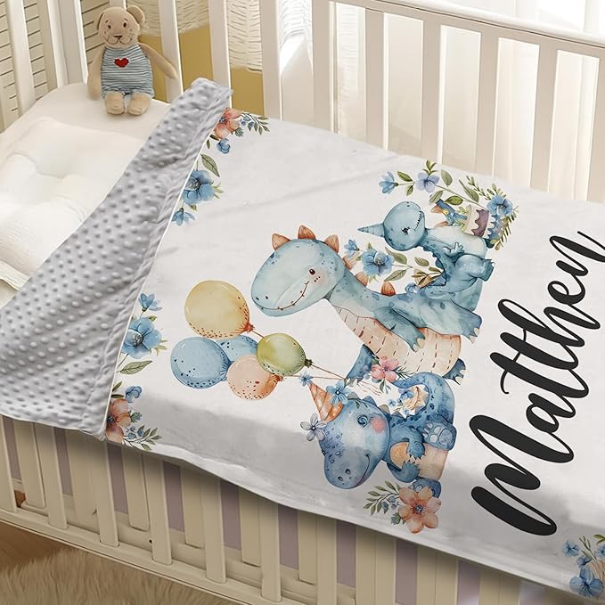 Personalized Baby Name Blanket for Boy Girl, Soft Flannel Blanket with Double Layer Dotted Backing for Infant Newborn, Nursery Crib with Dinosaur Design, Customized Gifts for New Mom(30”x40)