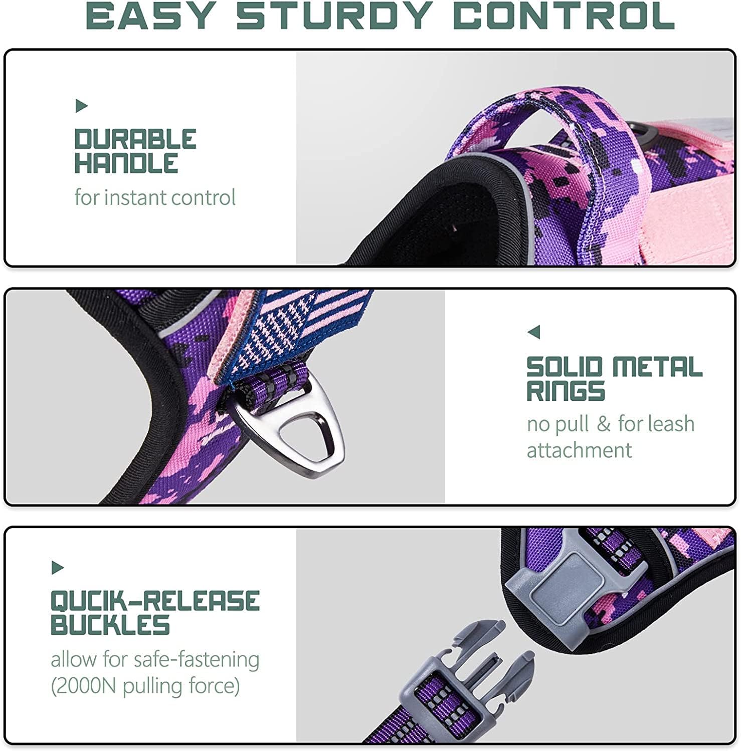 BUMBIN Tactical Dog Harness for Small Dogs No Pull, Famous TIK Tok No Pull Puppy Harness, Fit Smart Reflective Pet Walking Harness for Training, Adjustable Dog Vest Harness with Handle Purple Camo XS