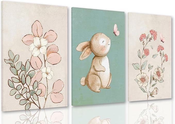 Dytila Framed Nursery Wall Art Set of 3, Pink Flower Botanical Pictures Wall Decor, Green Bunny Paintings, Cute Animal Canvas Prints for Girls and Boys Kids Room, Baby Room Decor 16x24 Inches
