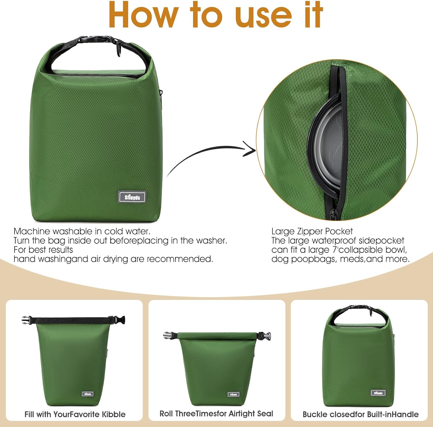 Dog Food Travel Bag with 2PCS Collapsible Dog Travel Bowls,Air Tight Dog Food Storage Container(Green, Small)
