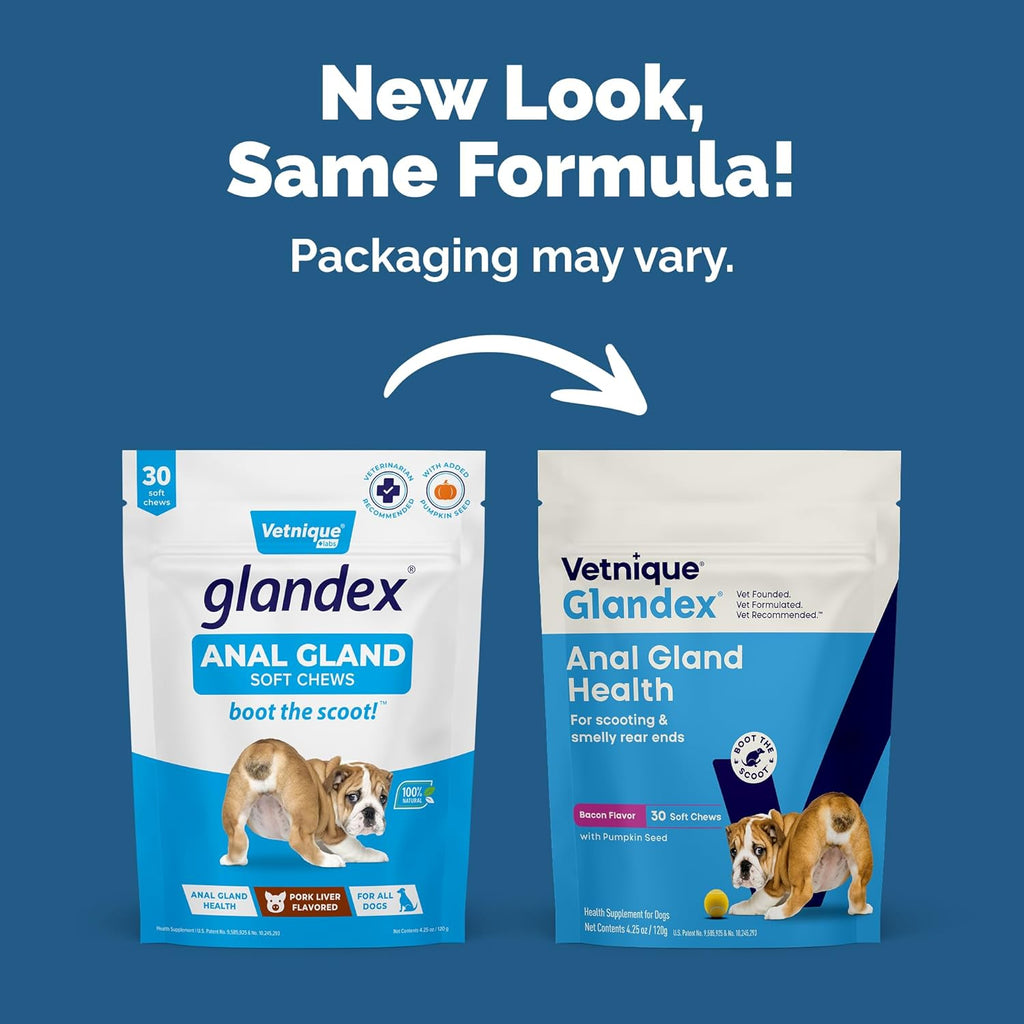 Vetnique Labs Glandex Anal Gland Soft Chew Treats with Pumpkin for Dogs Digestive Enzymes, Probiotics Fiber Supplement for Dogs Boot The Scoot (Bacon/Pork Chews, 30 Count)