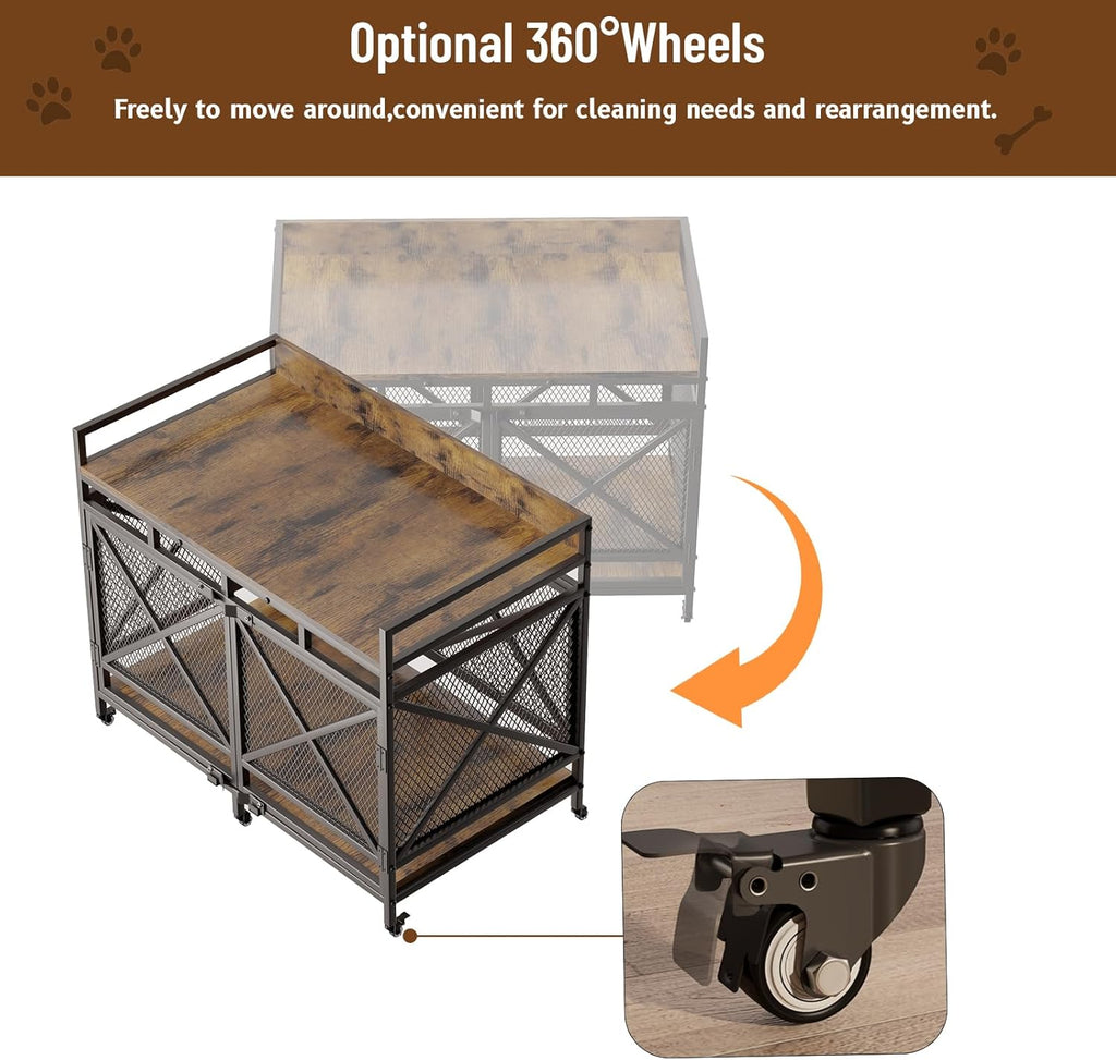 COZPAW Large Dog Crate Furniture, 48 Inch Wooden Dog Kennel for XLarge Dogs, Heavy Duty Dogs Furniture Indoor Wire Dog Cage with Caster Wheels, Decorative Pet House End Table, Brown