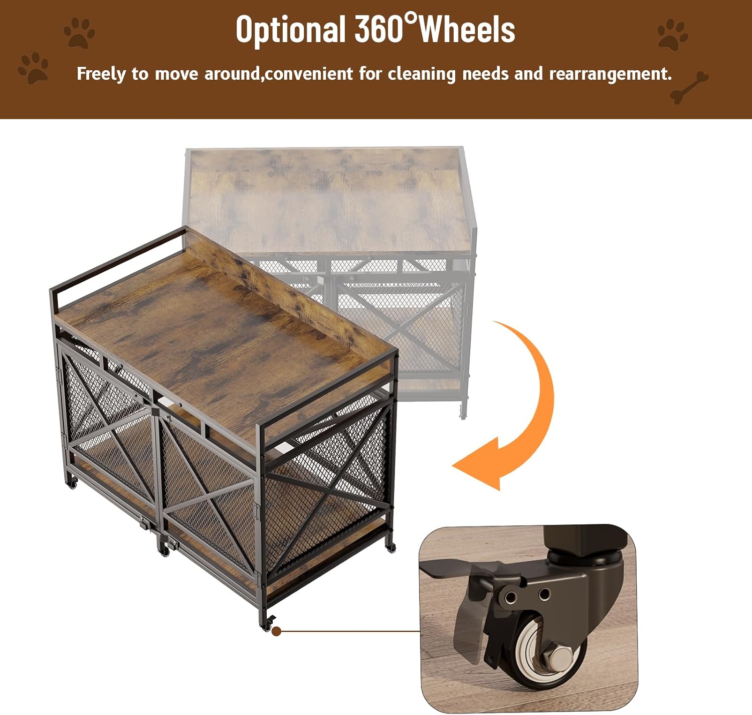 COZPAW Large Dog Crate Furniture, 48 Inch Wooden Dog Kennel for XLarge Dogs, Heavy Duty Dogs Furniture Indoor Wire Dog Cage with Caster Wheels, Decorative Pet House End Table, Brown