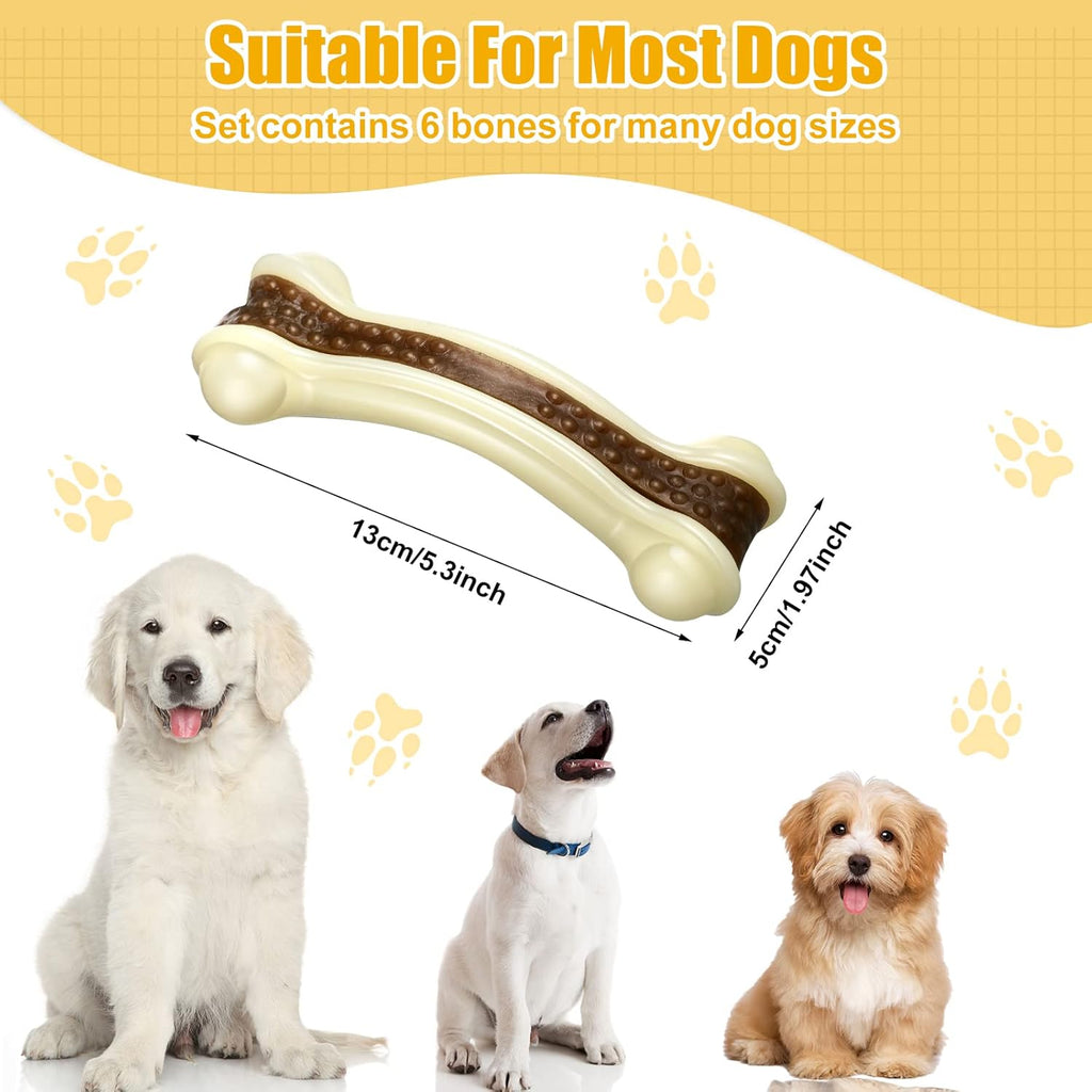 Sosation 6 Pcs Dog Toys for Aggressive Chewers Nylon Beef Flavor Bones Tough Puppy Teething Toys Puppy Chew Bones for Large Medium Small Breed Dogs Puppies Pets Chew Toys(Medium)