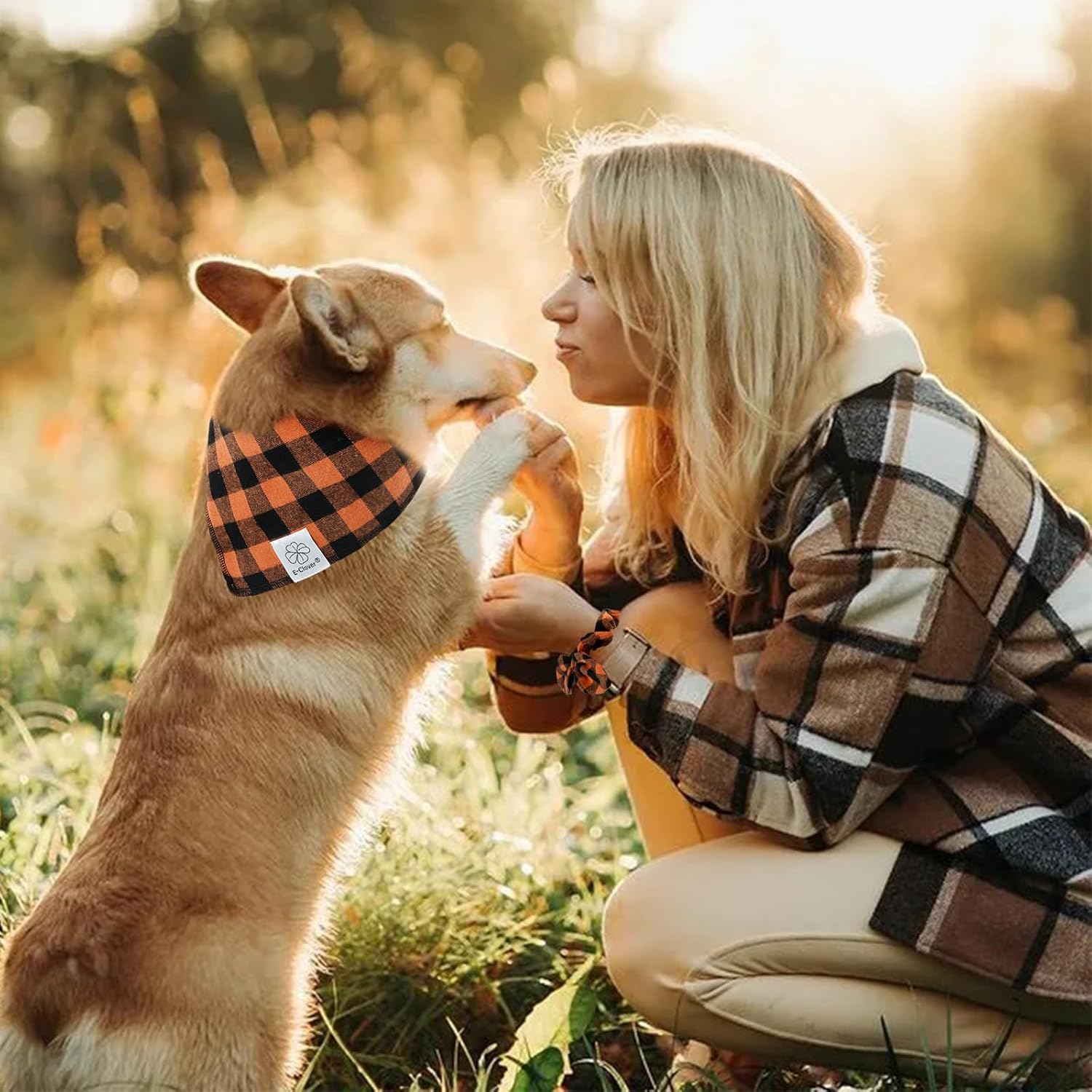 E-Clover Fall Dog Bandana & Matching Scrunchie-Orange Black Dog Bandanas Plaid Pet Scarf Bib for Medium Large Dogs Girl Boy Owner Gift Orange Black