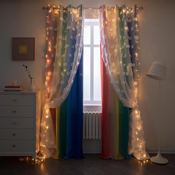 MYSKY HOME Rainbow Curtains for Boys Bedroom Kids Curtains Pom Pom White Sheer Window Curtains Double Layer Solid Nursery Curtains 84 Inches Length Room Darkening Grommet 2 Panels, W52 X L84