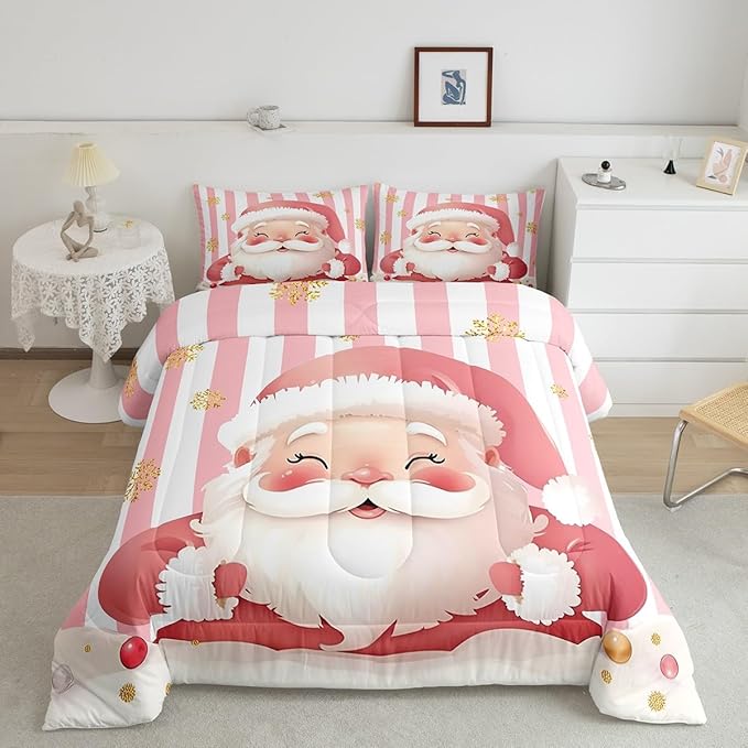 Feelyou Merry Christmas Decorations Twin Size Comforter Set Santa Claus Bedding Set Pink Quilt Set Soft Warm Lightweight Duvet Set