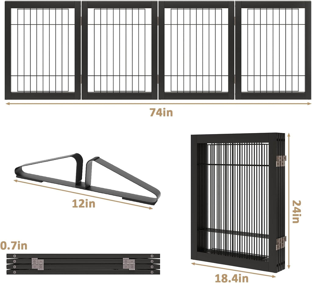 Dog Gate Wire Dog Gates for House Doorways Stairs 24-Inch Freestanding Pet Gate Puppy Fences Indoor (4 Panel, Black)
