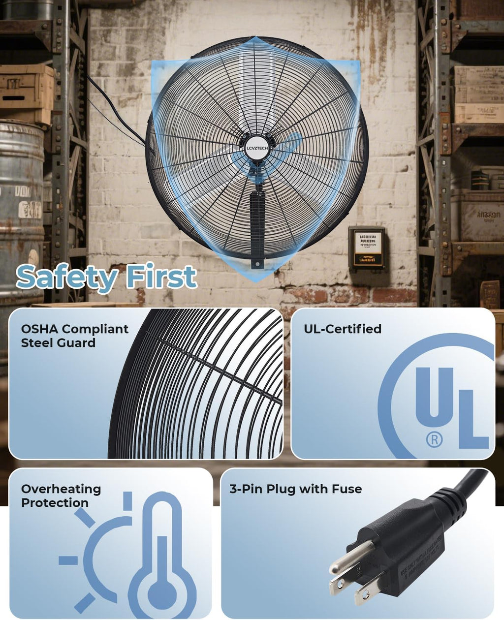 30 inch Wall Mount Fan Oscillating, 3-Speed 8850 CFM High Velocity Industrial Wall Mounted Fan, Heavy Duty Air Circulator for Garage, Shop, Gym, Workshop, Covered Patio - UL Listed
