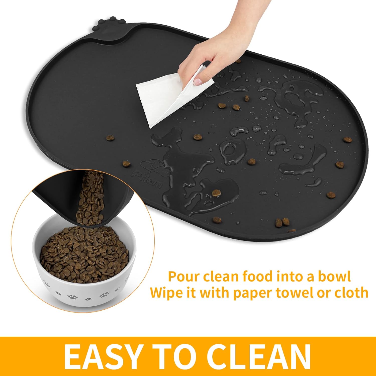 KPWACD Pet Placemat for Dog and Cat, Waterproof Silicone Dogs Feeding Bowl Mat Prevent Food and Water Overflow, High-Lips Puppy Dish Mats Suitable for Small Medium Big Pets, Black, 24" * 16"