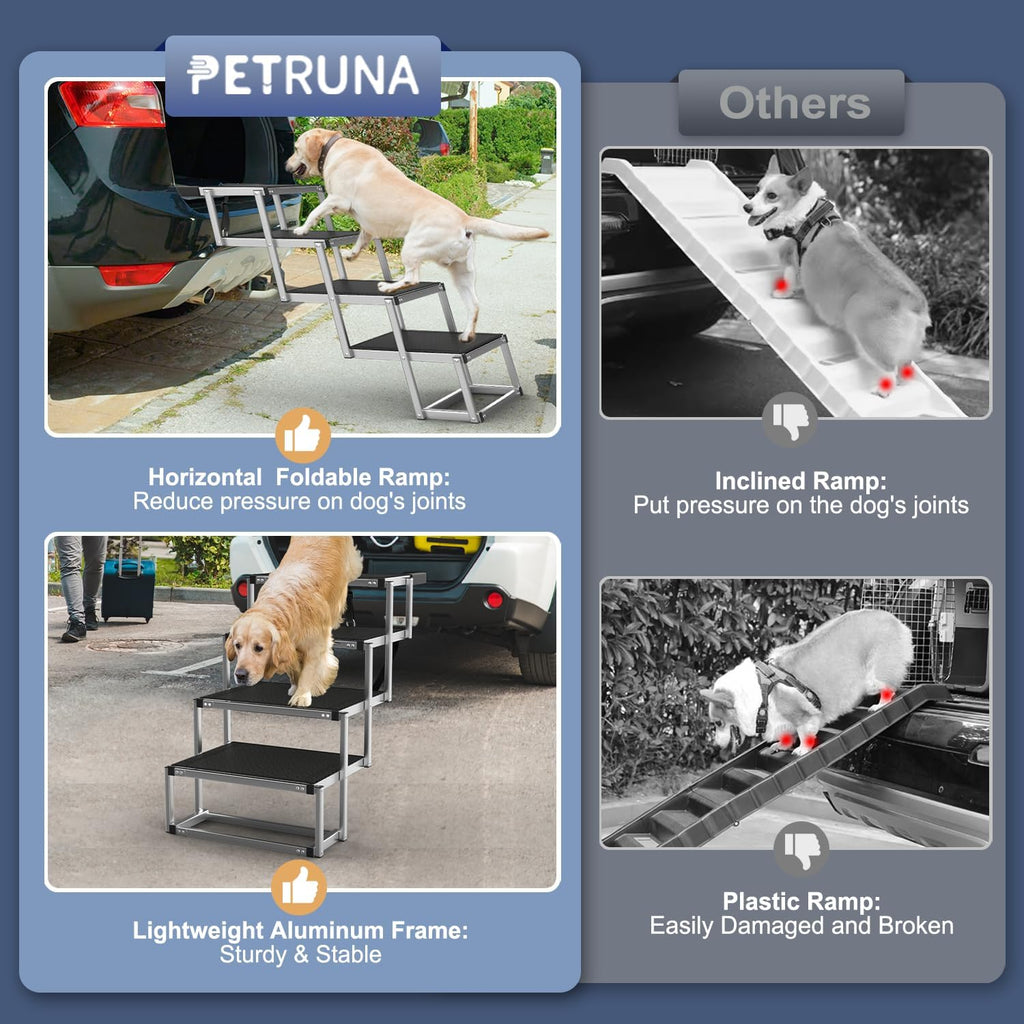 Dog Stairs for Car, Foldable Dog Ramp for Car with Non-Slip Surface, Portable Stairs Aluminum SUV, High Beds, Truck, Supports up to 150 lbs, 4 Steps